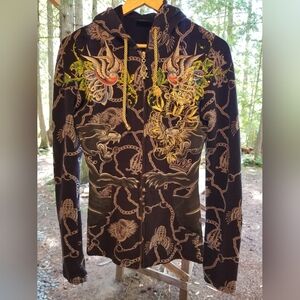 Small Christian Audigier Hoodie zip up Sweatshirt top Ladies Panther Black Gold